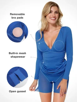 Shapewear Long Sleeve V-Neck Ruched Bodycon Midi Dress