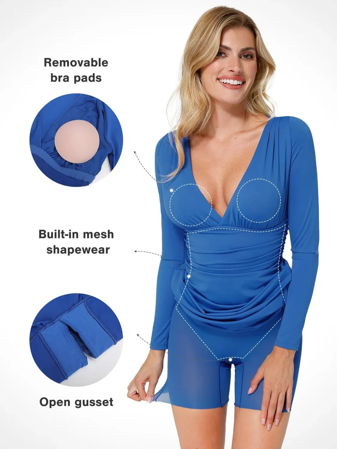 Shapewear Long Sleeve V-Neck Ruched Bodycon Midi Dress