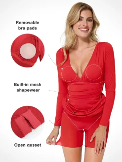 Shapewear Long Sleeve V-Neck Ruched Bodycon Midi Dress