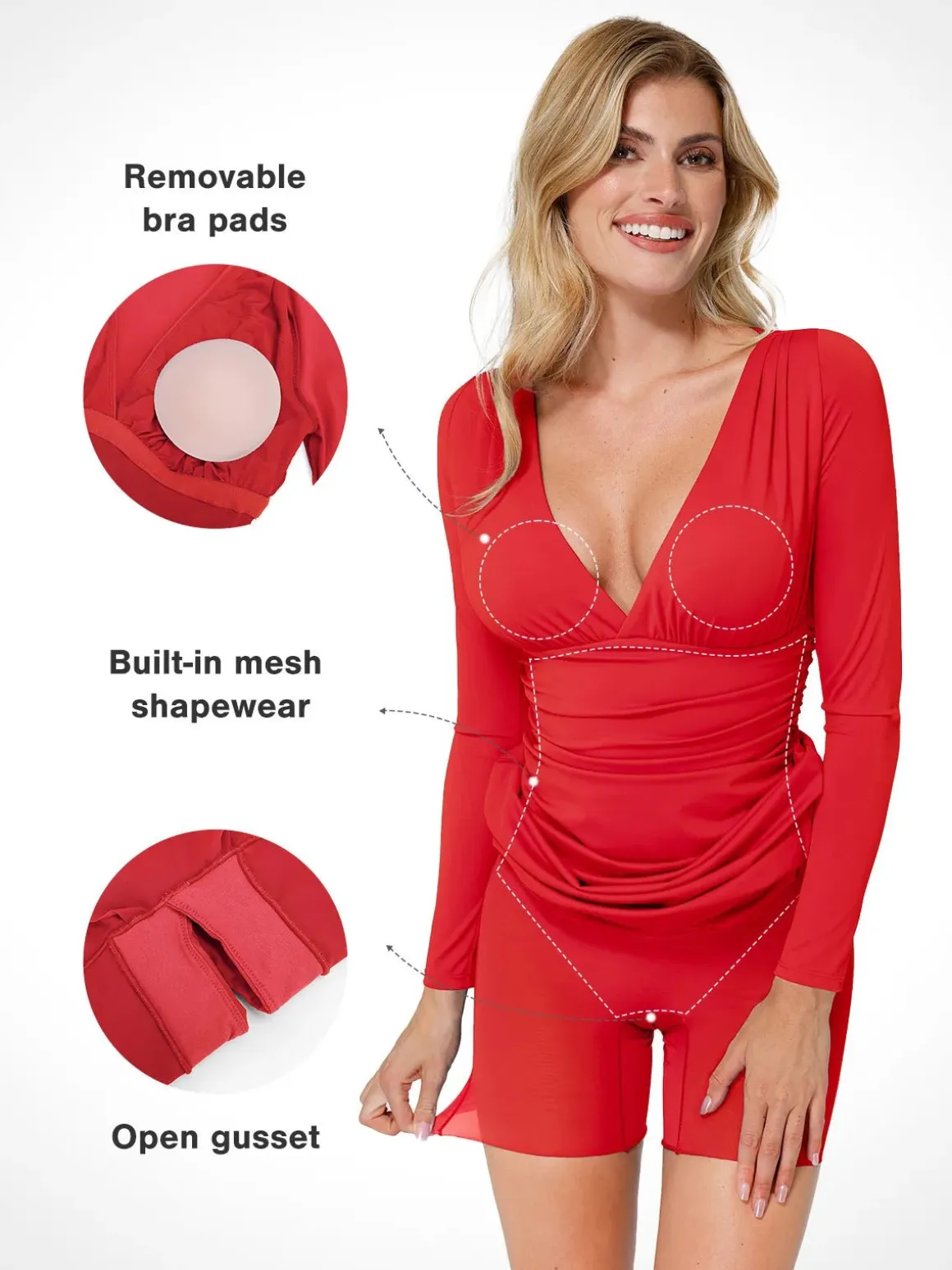 Shapewear Long Sleeve V-Neck Ruched Bodycon Midi Dress