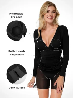 Shapewear Long Sleeve V-Neck Ruched Bodycon Midi Dress