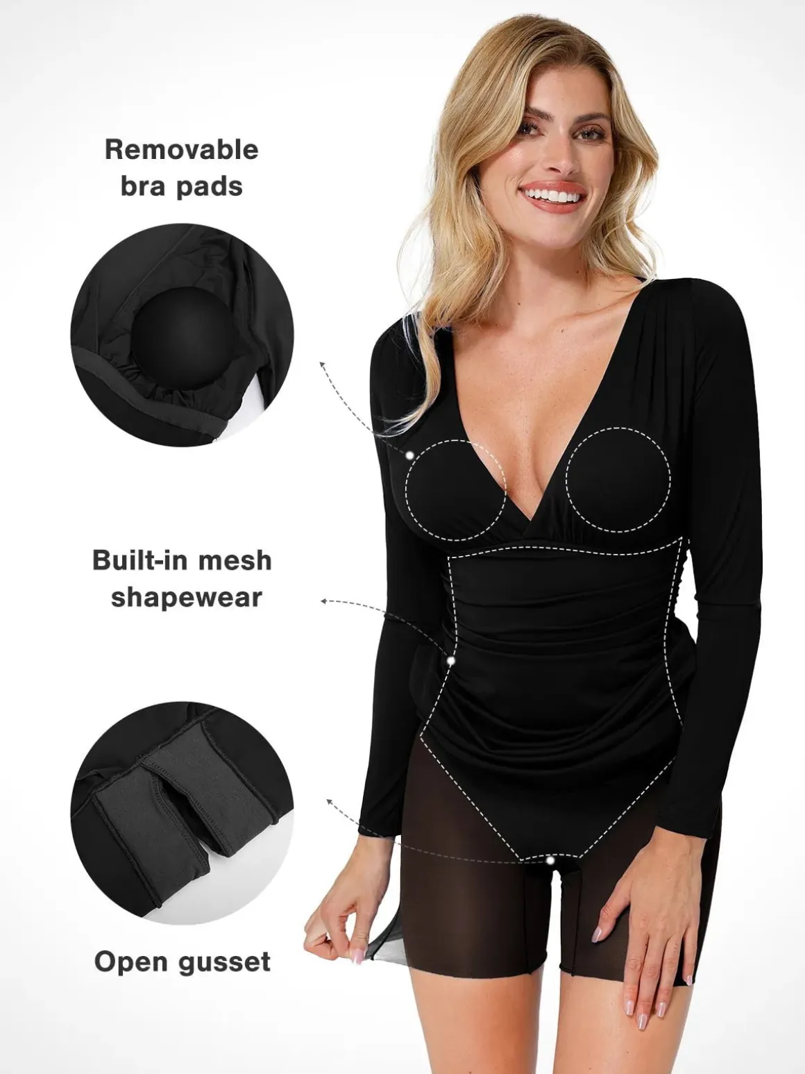 Shapewear Long Sleeve V-Neck Ruched Bodycon Midi Dress