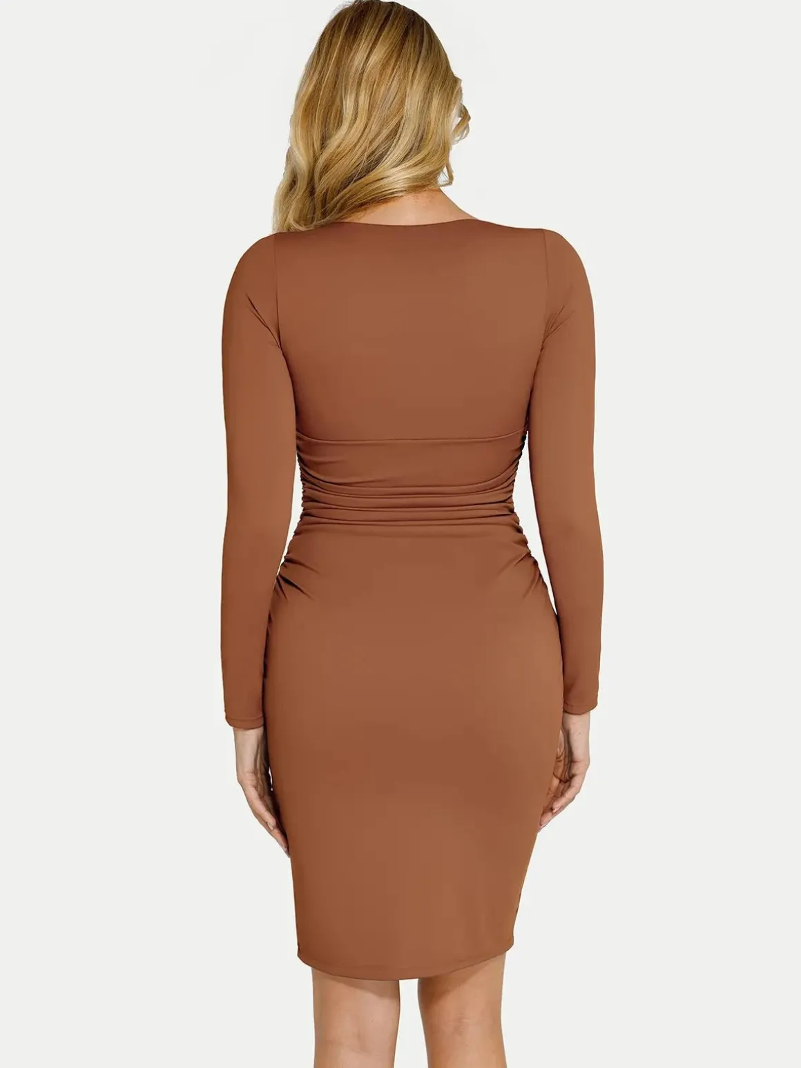 Shapewear Long Sleeve V-Neck Ruched Bodycon Midi Dress