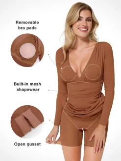 Shapewear Long Sleeve V-Neck Ruched Bodycon Midi Dress