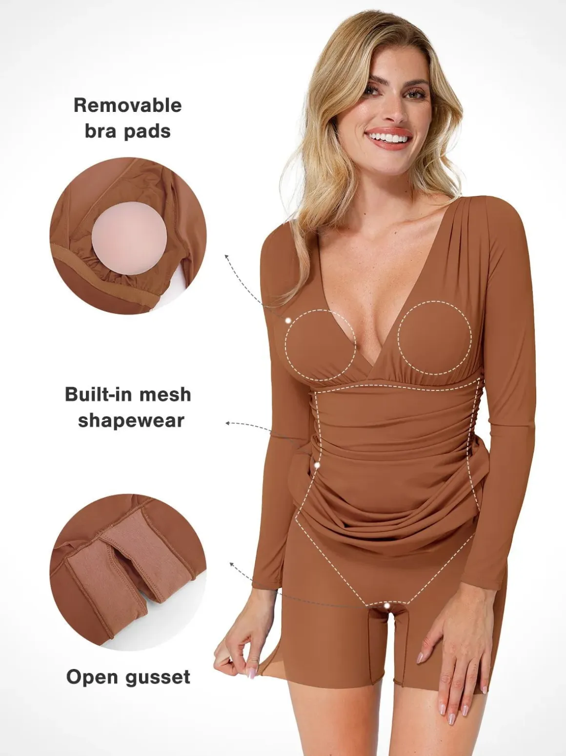 Shapewear Long Sleeve V-Neck Ruched Bodycon Midi Dress