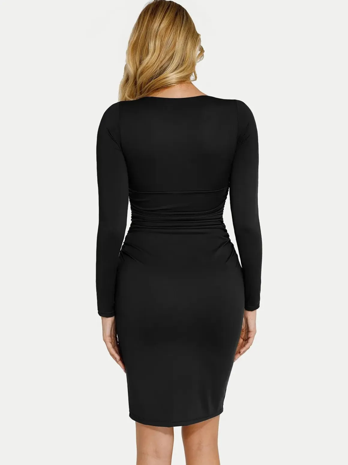 Shapewear Long Sleeve V-Neck Ruched Bodycon Midi Dress
