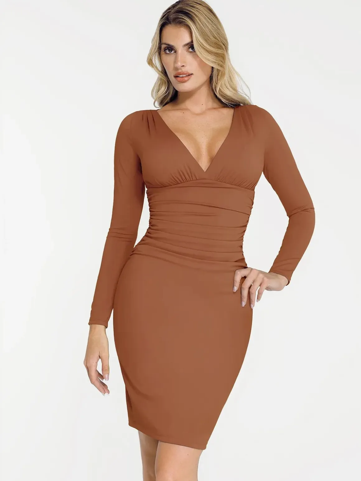 Shapewear Long Sleeve V-Neck Ruched Bodycon Midi Dress