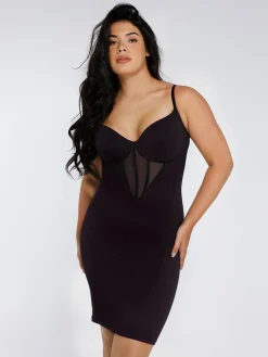 Shapewear Mesh Corset Panel Built-In Sculpting Midi Dress