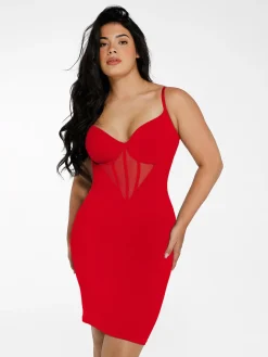 Shapewear Mesh Corset Panel Built-In Sculpting Midi Dress
