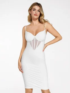 Shapewear Mesh Corset Panel Built-In Sculpting Midi Dress