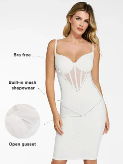 Shapewear Mesh Corset Panel Built-In Sculpting Midi Dress