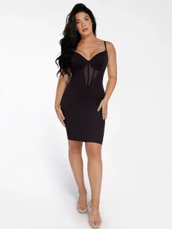 Shapewear Mesh Corset Panel Built-In Sculpting Midi Dress