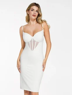 Shapewear Mesh Corset Panel Built-In Sculpting Midi Dress
