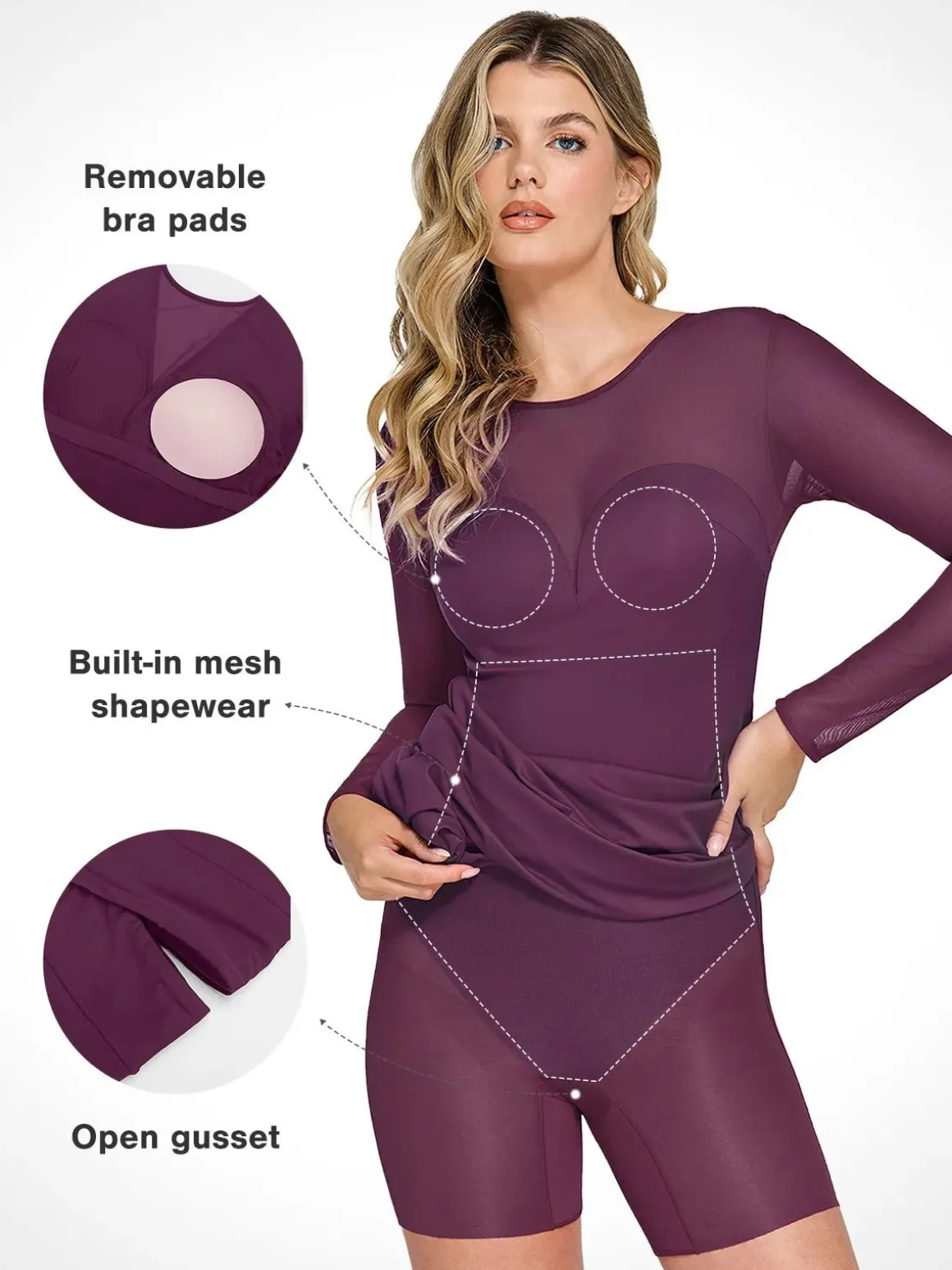 Shapewear Mesh Long Sleeve V-Back Slimming Maxi Dress
