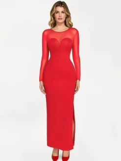 Shapewear Mesh Long Sleeve V-Back Slimming Maxi Dress
