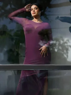 Shapewear Mesh Long Sleeve V-Back Slimming Maxi Dress