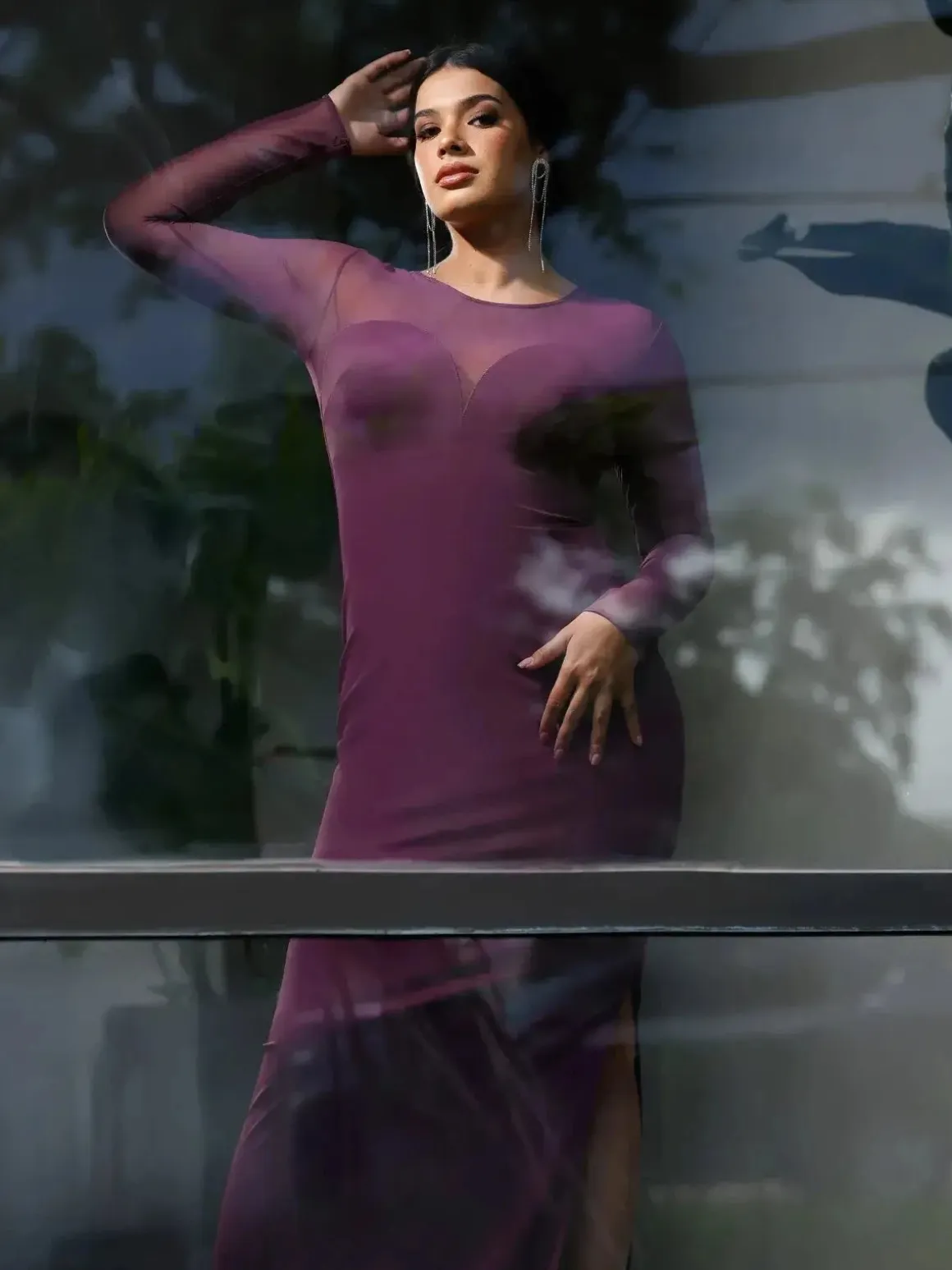 Shapewear Mesh Long Sleeve V-Back Slimming Maxi Dress