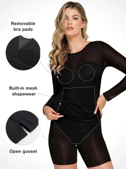 Shapewear Mesh Long Sleeve V-Back Slimming Maxi Dress