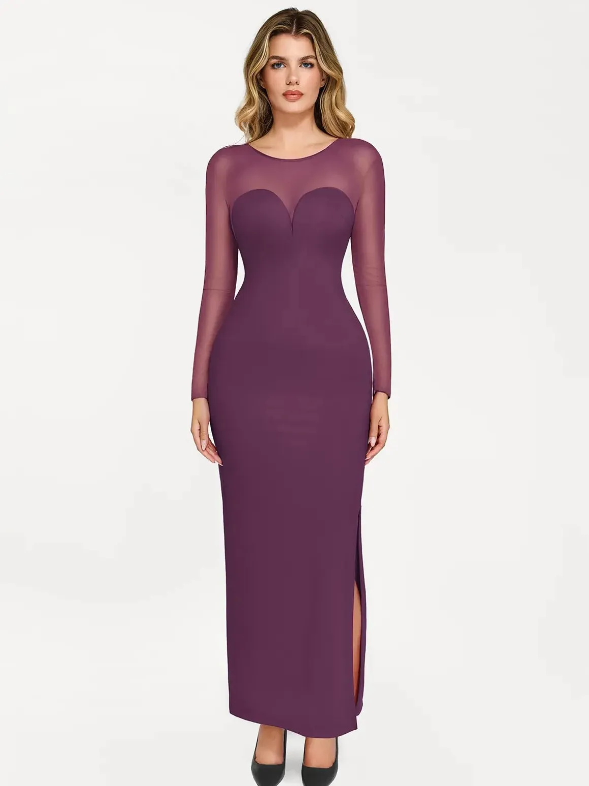Shapewear Mesh Long Sleeve V-Back Slimming Maxi Dress