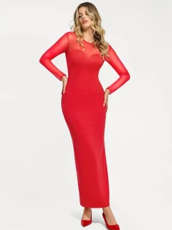 Shapewear Mesh Long Sleeve V-Back Slimming Maxi Dress