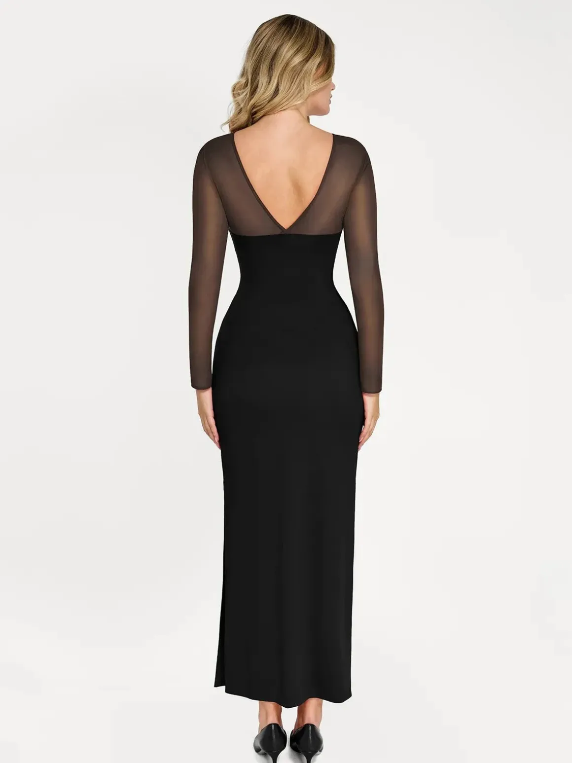 Shapewear Mesh Long Sleeve V-Back Slimming Maxi Dress