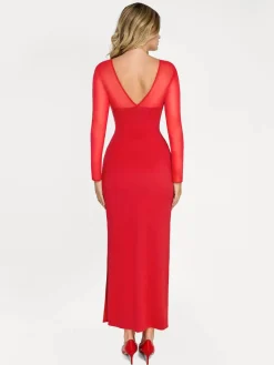 Shapewear Mesh Long Sleeve V-Back Slimming Maxi Dress