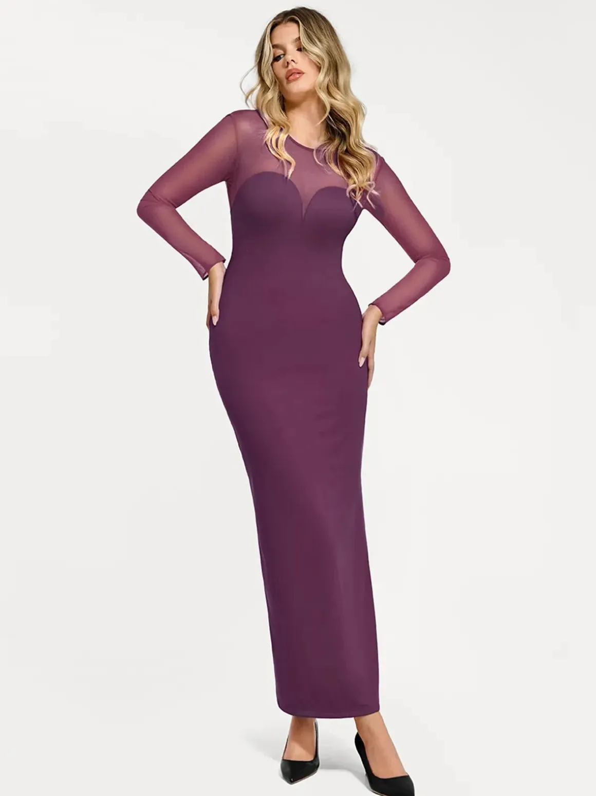 Shapewear Mesh Long Sleeve V-Back Slimming Maxi Dress