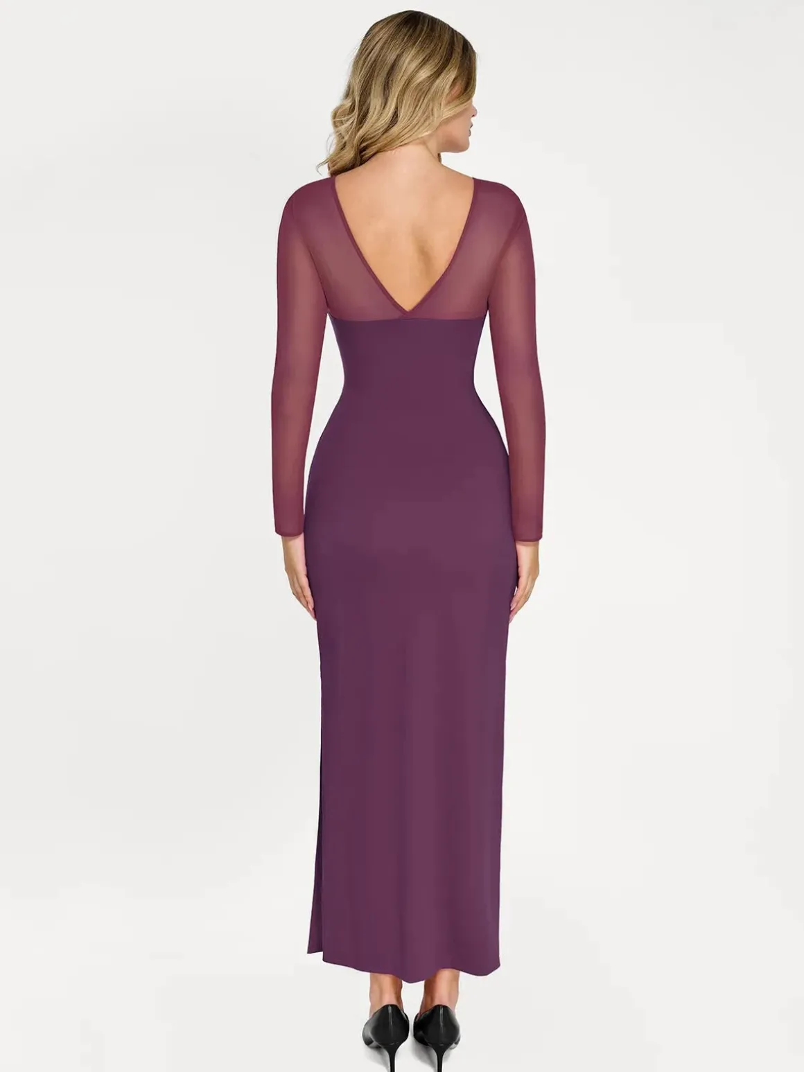 Shapewear Mesh Long Sleeve V-Back Slimming Maxi Dress