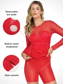 Shapewear Mesh Long Sleeve V-Back Slimming Maxi Dress