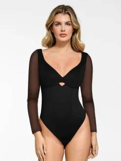 Shapewear Mesh Sleeve Cutout Sweetheart Sculpting Bodysuit