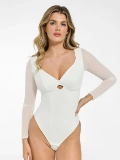 Shapewear Mesh Sleeve Cutout Sweetheart Sculpting Bodysuit