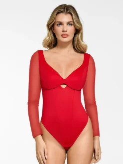 Shapewear Mesh Sleeve Cutout Sweetheart Sculpting Bodysuit