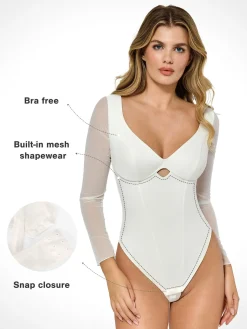 Shapewear Mesh Sleeve Cutout Sweetheart Sculpting Bodysuit