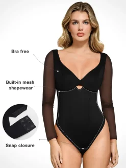 Shapewear Mesh Sleeve Cutout Sweetheart Sculpting Bodysuit