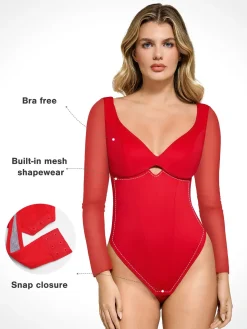 Shapewear Mesh Sleeve Cutout Sweetheart Sculpting Bodysuit