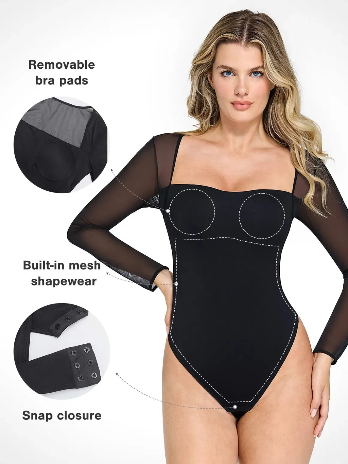 Shapewear Mesh Sleeve Square Neck Sculpting Bodysuit