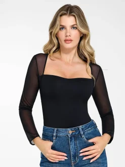 Shapewear Mesh Sleeve Square Neck Sculpting Bodysuit