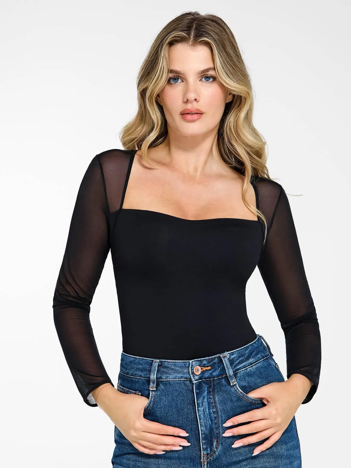 Shapewear Mesh Sleeve Square Neck Sculpting Bodysuit