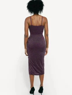Shapewear Metallic Knit Bodycon Sculpting Midi Slip Dress