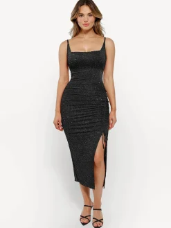 Shapewear Metallic Knit Bodycon Sculpting Midi Slip Dress