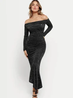 Shapewear Metallic Knit Long Sleeve Slim Mermaid Maxi Dress
