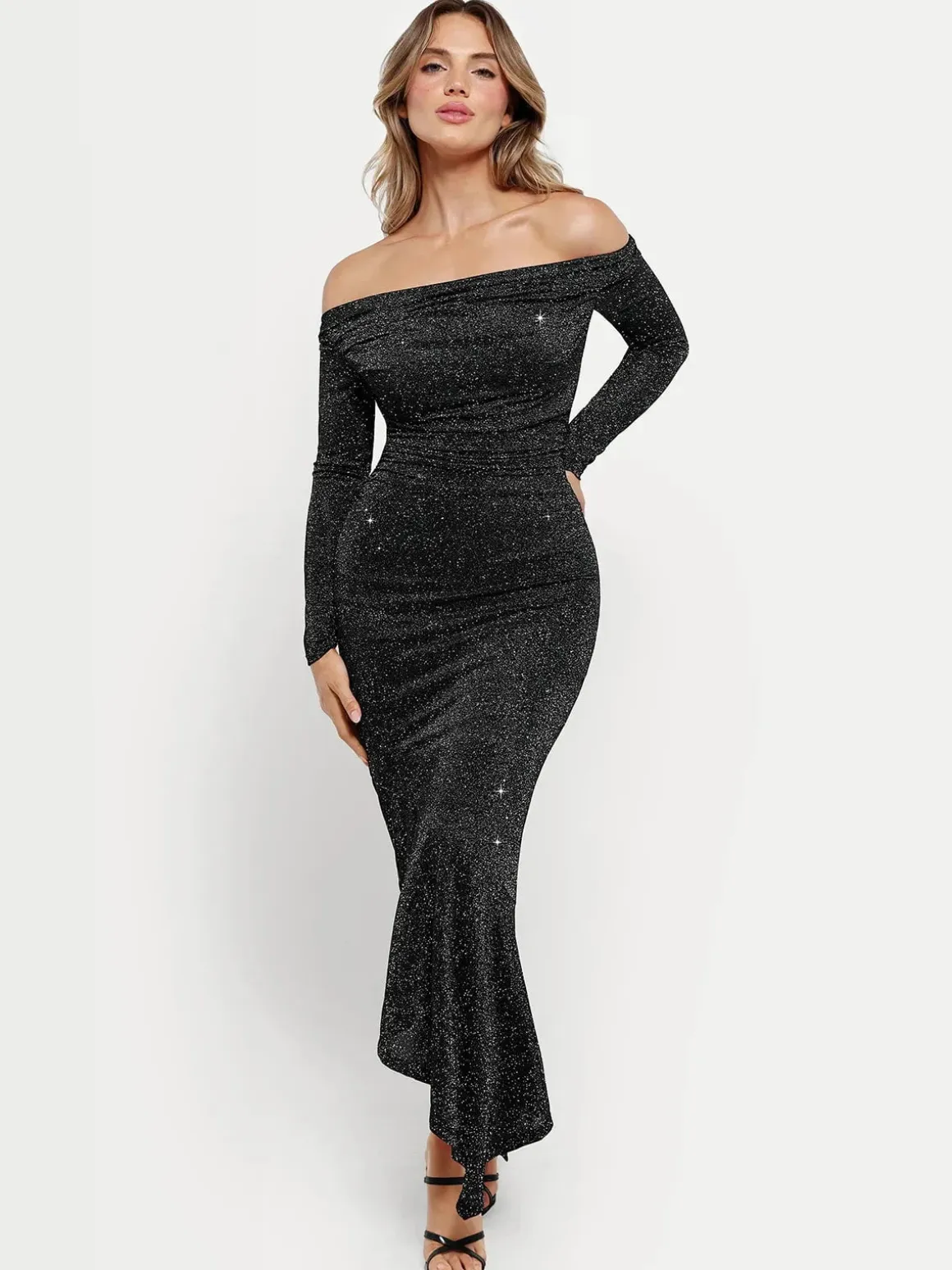 Shapewear Metallic Knit Long Sleeve Slim Mermaid Maxi Dress