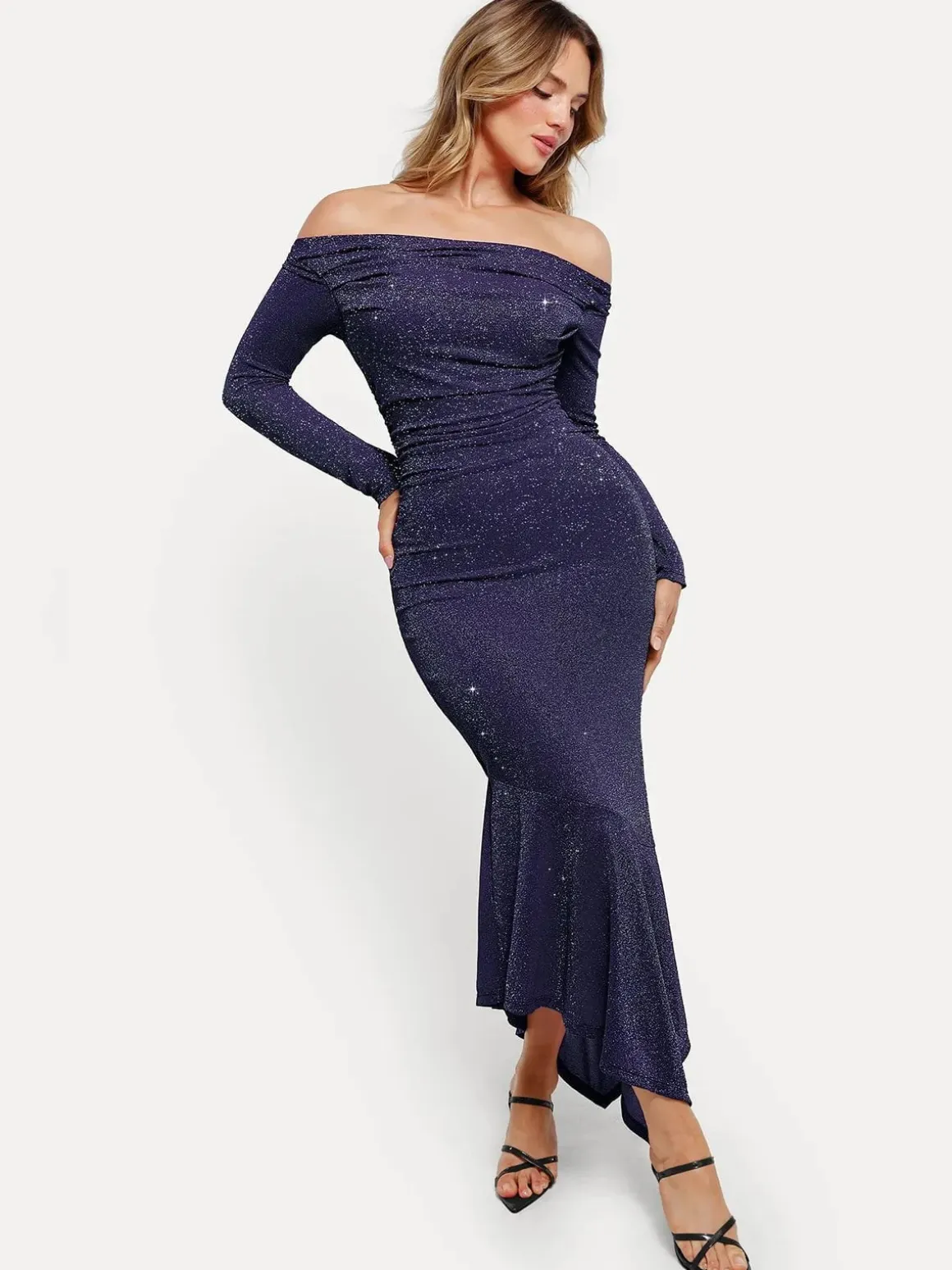 Shapewear Metallic Knit Long Sleeve Slim Mermaid Maxi Dress