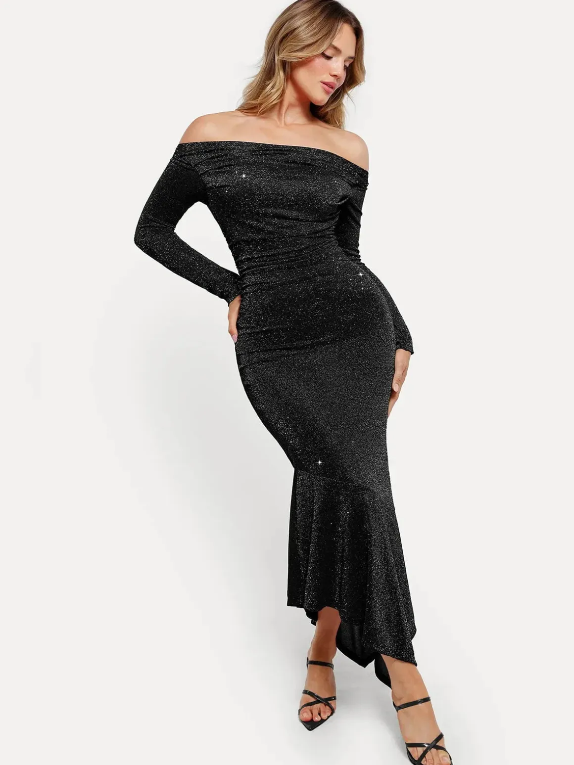Shapewear Metallic Knit Long Sleeve Slim Mermaid Maxi Dress