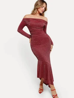 Shapewear Metallic Knit Long Sleeve Slim Mermaid Maxi Dress