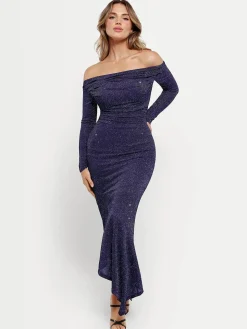 Shapewear Metallic Knit Long Sleeve Slim Mermaid Maxi Dress