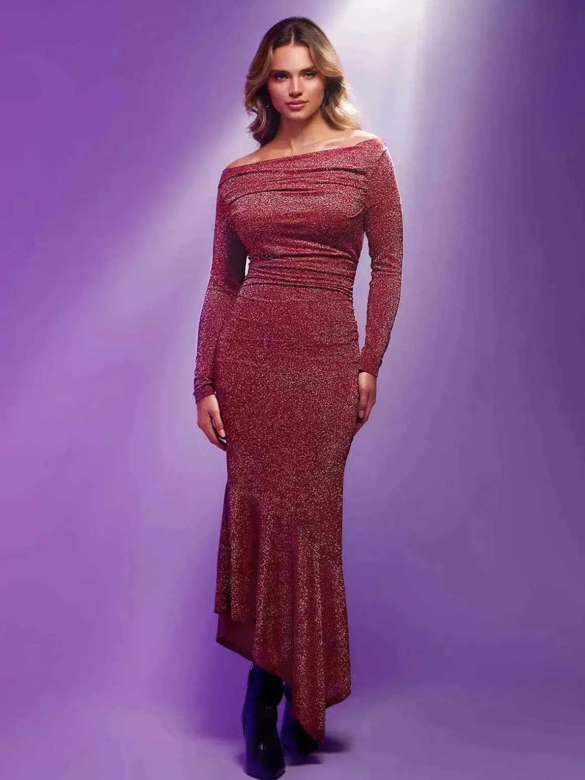 Shapewear Metallic Knit Long Sleeve Slim Mermaid Maxi Dress