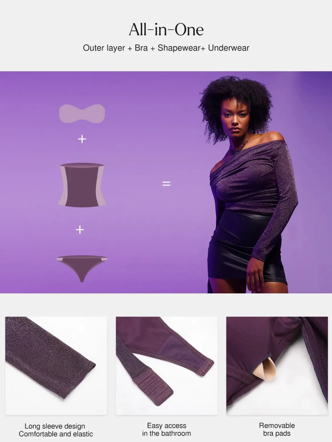 Shapewear Metallic Knit Long Sleeve Slimming Bodysuit