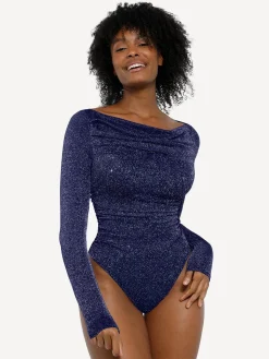 Shapewear Metallic Knit Long Sleeve Slimming Bodysuit
