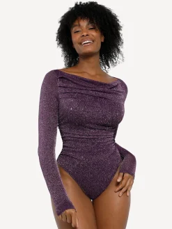 Shapewear Metallic Knit Long Sleeve Slimming Bodysuit